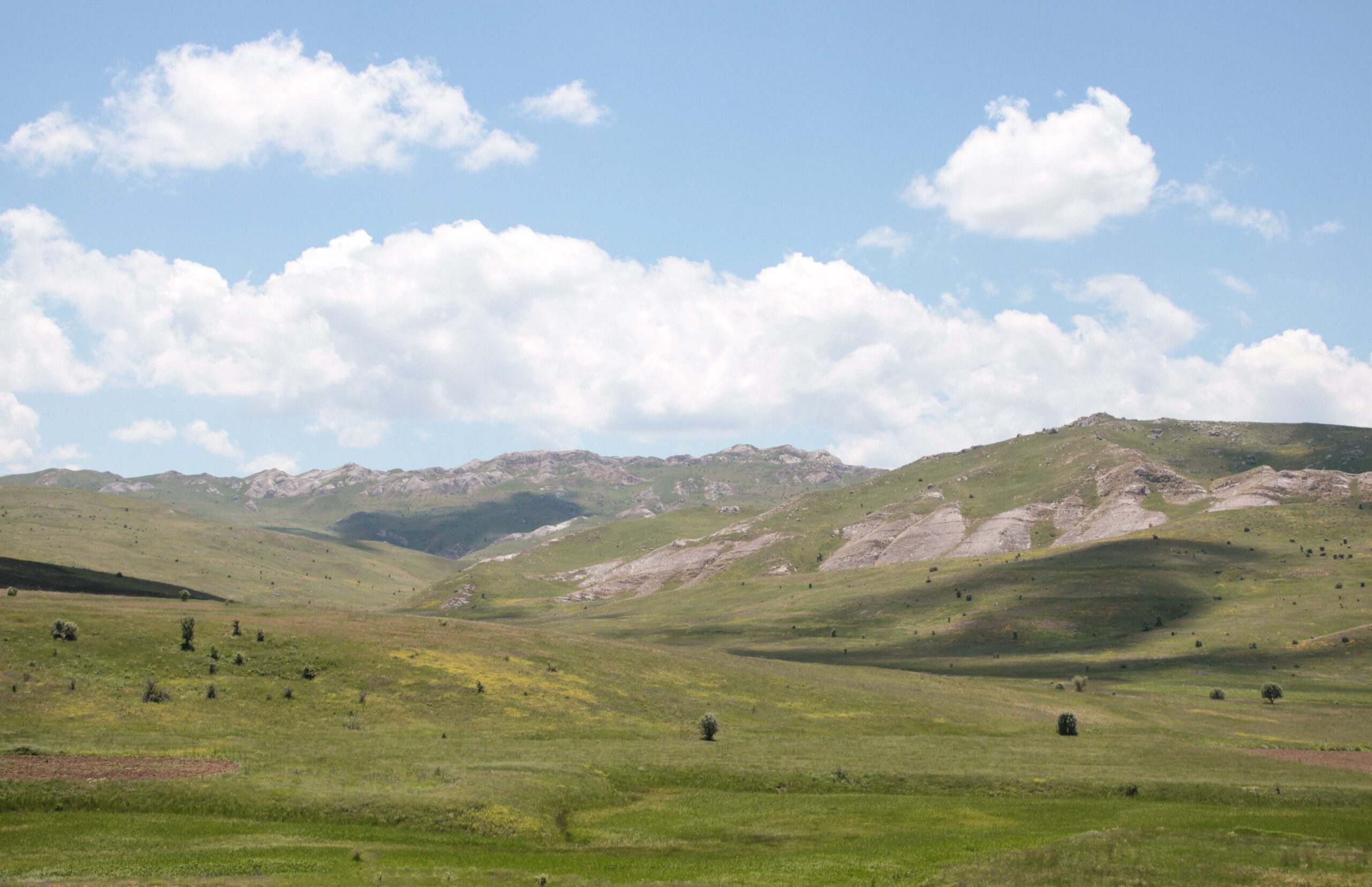 Rolling green meadow with mountains at Dayara Bugyal